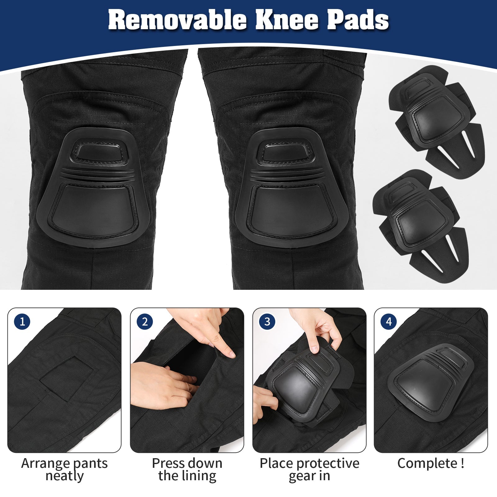 Jet black tactical Pants removeable knee pads