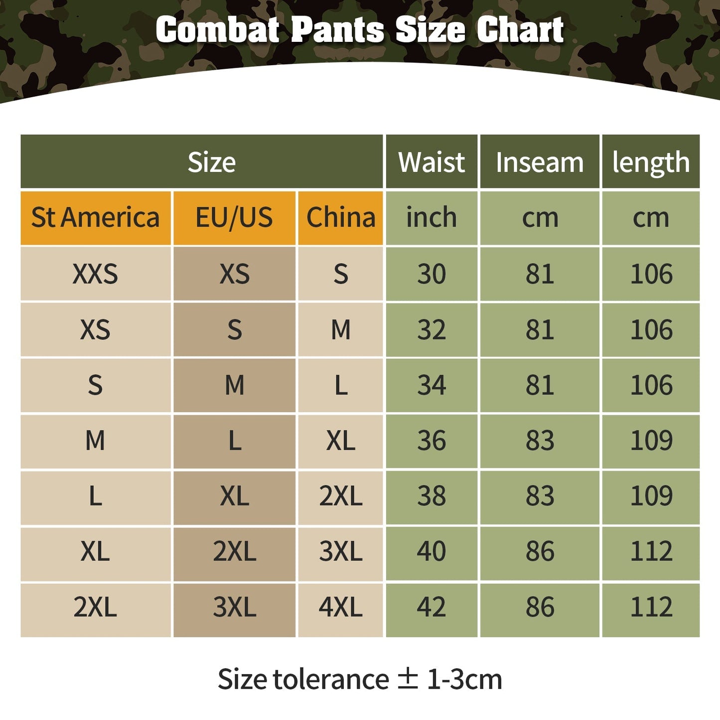 G3 Pro Combat Pants Sizes